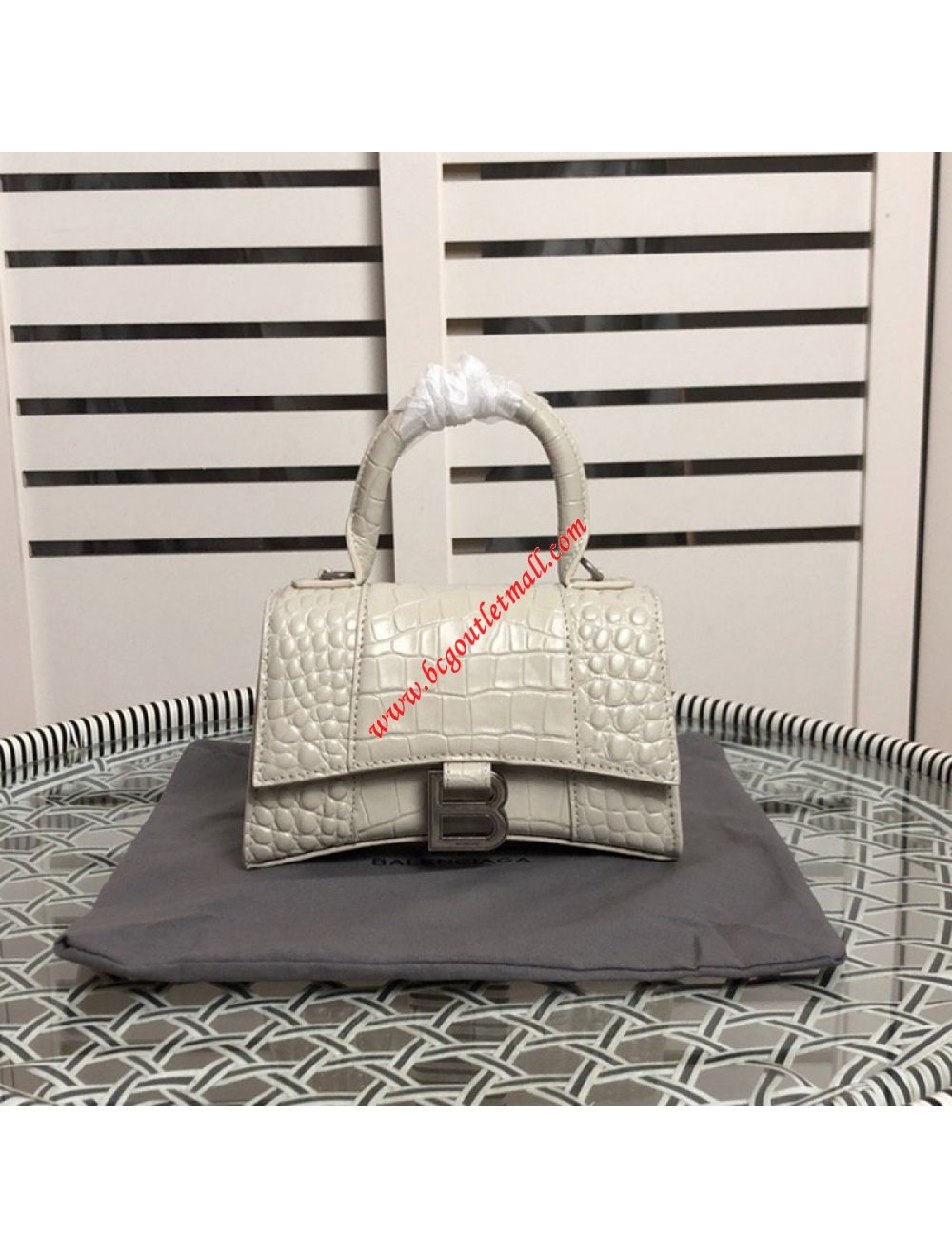 BALENCIAGA Calfskin Crocodile Embossed Hourglass Top Handle Bag XS Beige  1166793
